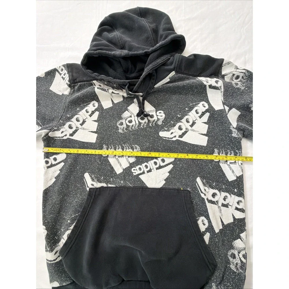 Adidas Mens All Over Logo Print Hoodie Black White Distressed Graphic Sweatshirt